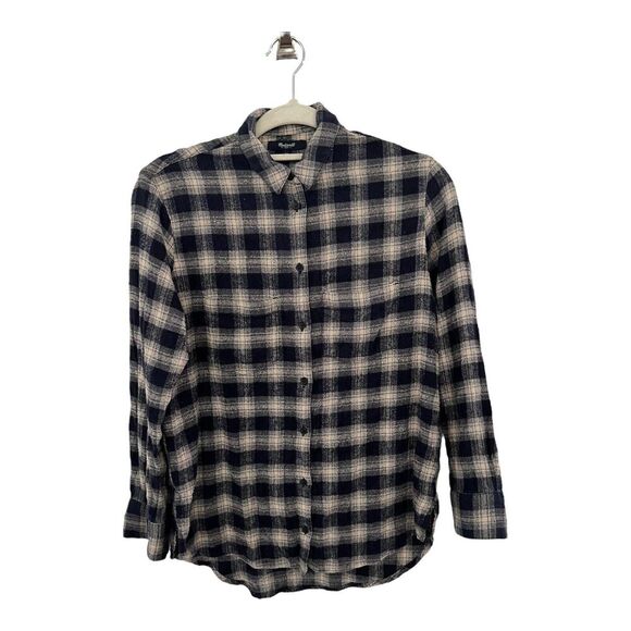 Madewell Shirt Womens XS Blue Cream Flannel Button Down Fall Oversized - Picture 1 of 11